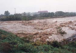 集中豪雨で増水した野内川(H12)