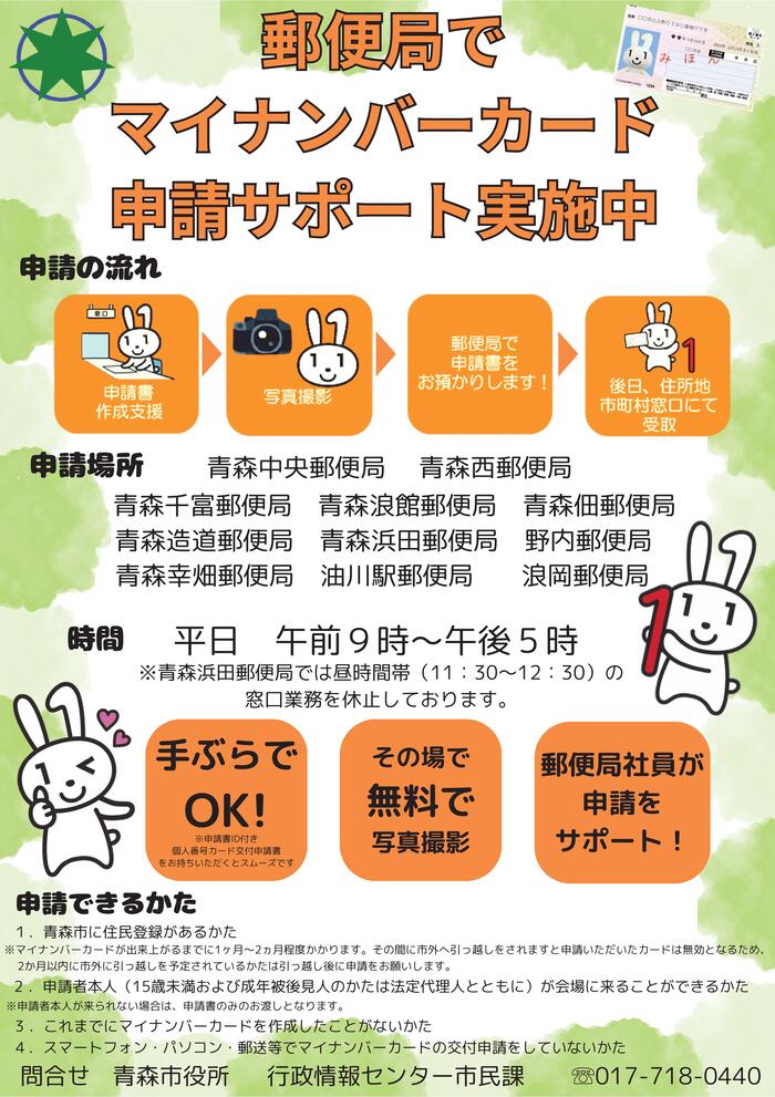 チラシの写真：郵便局でマイナンバーカード申請サポート実施中