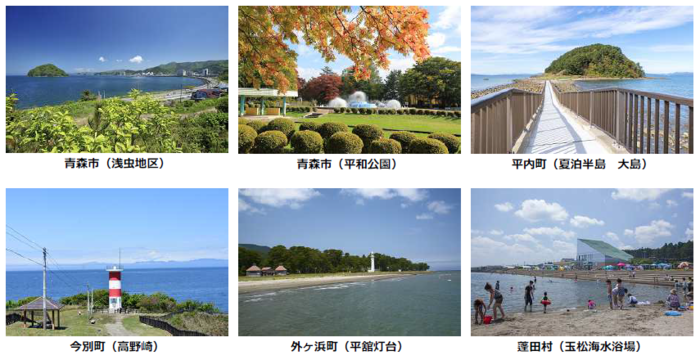 写真：青森市（浅虫地区）、青森市（平和公園）、平内町（夏泊半島　大島）、今別町（高野崎）、外ヶ浜町（平舘灯台）、蓬田村（玉松海水浴場）