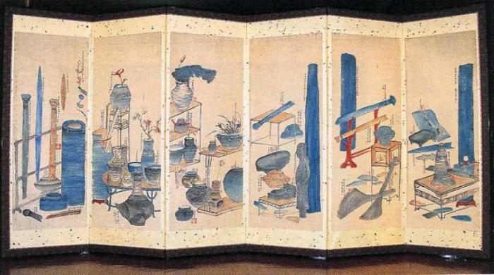 写真:有形文化財 石器土器図絵六曲屏風