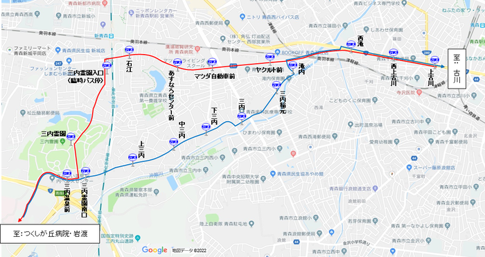 つくしが丘病院線及び岩渡線運行経路図